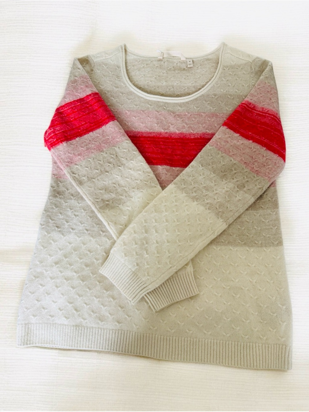 Soft Surroundings Cream 100% Cashmere Sweater with Pink and Red Stripes